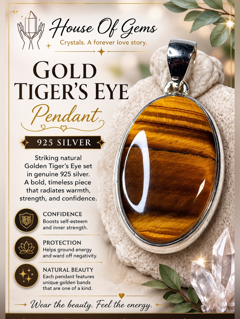 Tiger’s Eye 925 Pendant | Natural Protection Gemstone | Oval | Healing Stone